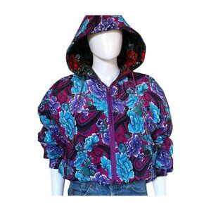 Vintage 90s Floral Paisley Hooded Puffer Bomber Jacket Apres Ski Style Medium